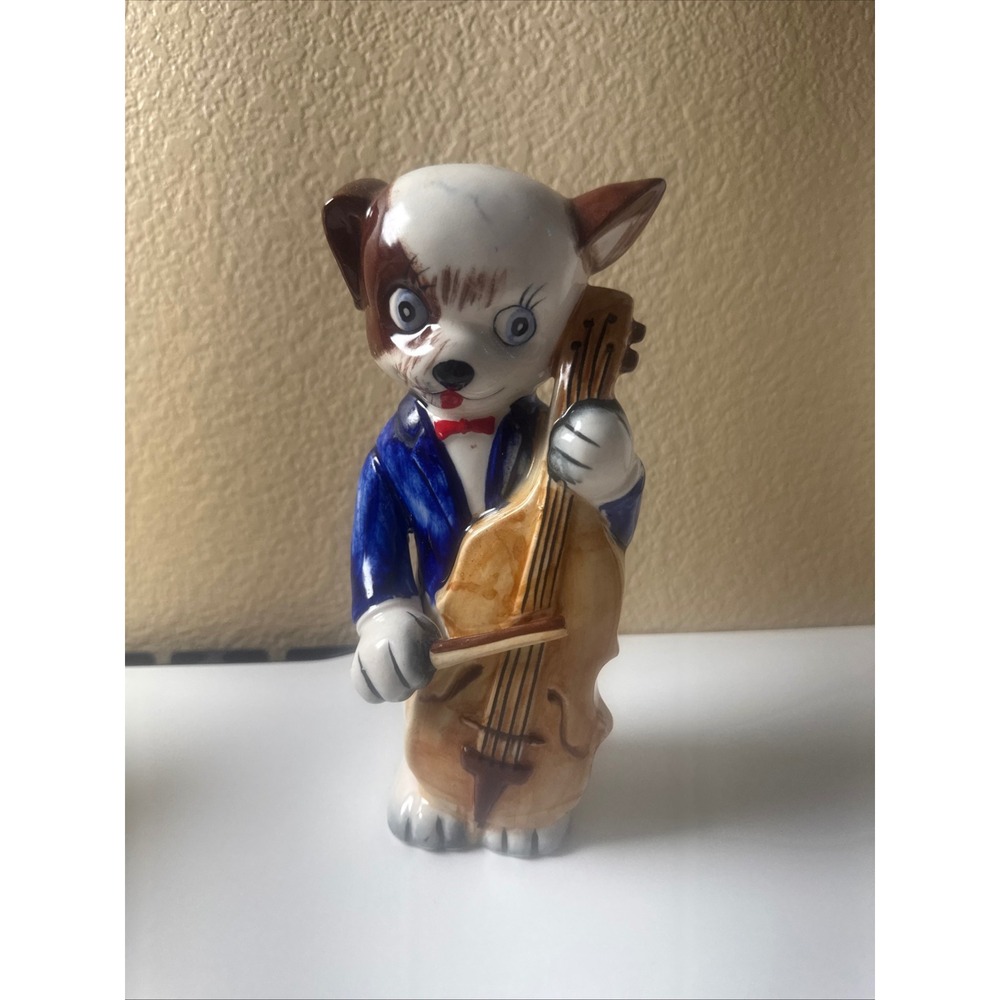 Vintage Ceramic Anthropomorphic Dog Playing Cello Figurine Japan Tuxedo 1960's